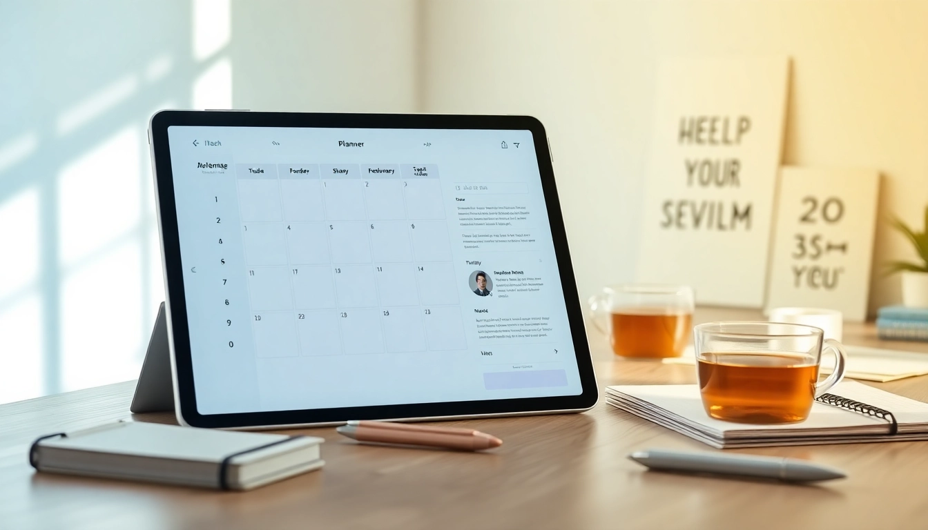 Explore Digital Planners For iPad on a sleek desk featuring a vibrant calendar interface.