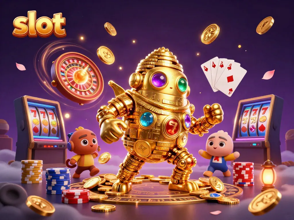 Menangkan slot dengan golem emas dan simbol mesin slot di tengah kekayaan koin yang melimpah.