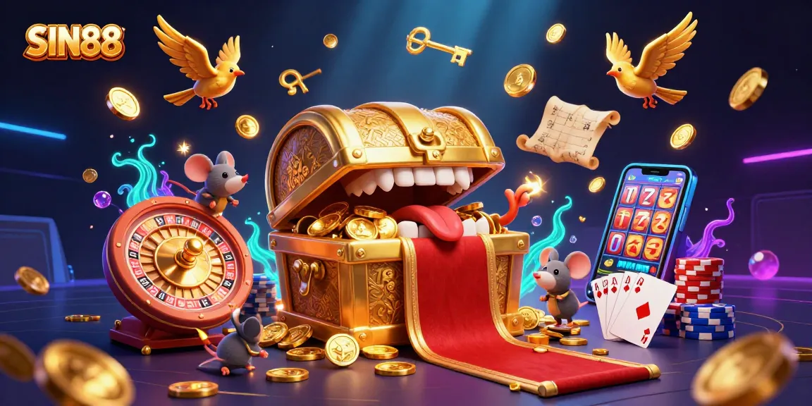 SIN88 entices gamers with a vibrant 3D casino scene featuring a treasure chest, roulette, and sparkling gems.