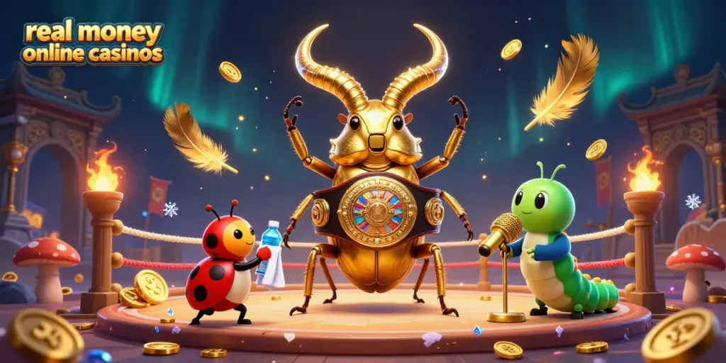 Experience real money online casinos with a vibrant 3D illustration of a boxing stag beetle and dynamic game elements.