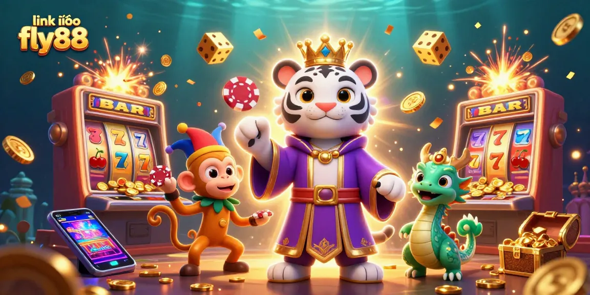 Play games at link vào fly88 with a vibrant 3D illustration of a royal tiger, jester monkey, and jade dragon amidst casino elements.