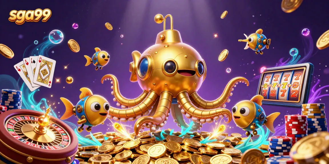 Experience thrilling gameplay at sga99 with a golden kraken submarine and treasure-filled backdrop.