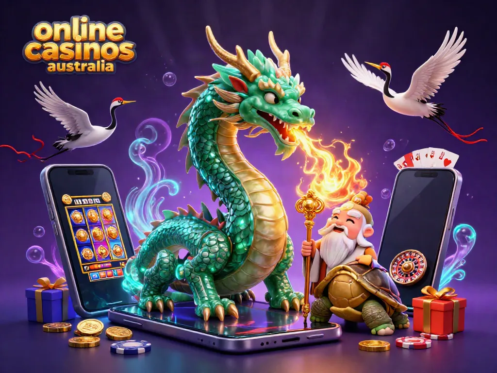 Visit the best online casinos in Australia, featuring a vibrant scene of a jade dragon, turtle sage, and lucky cranes with gaming elements.