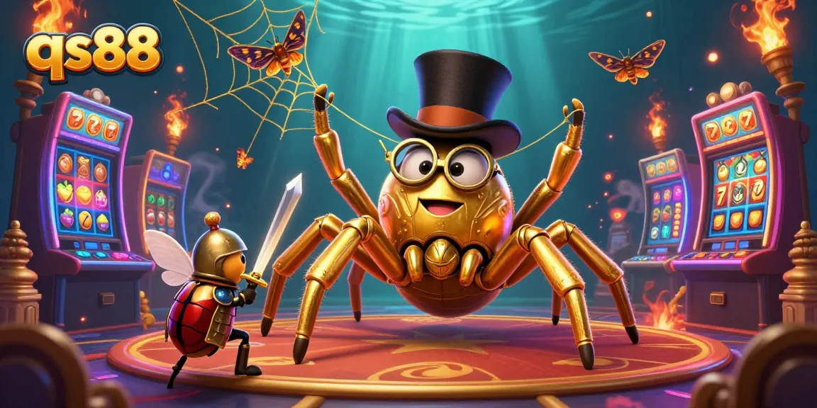 Experience the thrill of qs88 with a golden tarantula weaving luck in a vibrant casino scene.