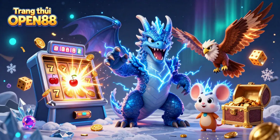 Spin the reels at Trang chủ OPEN88 with an electrifying 3D casino illustration bursting with winning symbols.