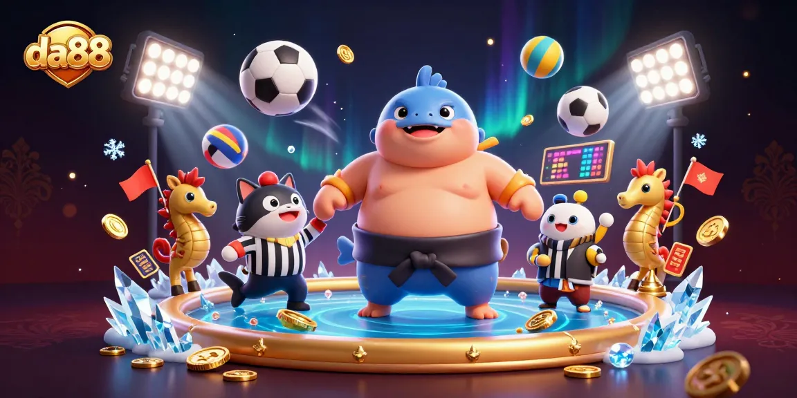 Experience thrilling gameplay at da88 with a buoyant fugu in a sumo ring surrounded by sports action.