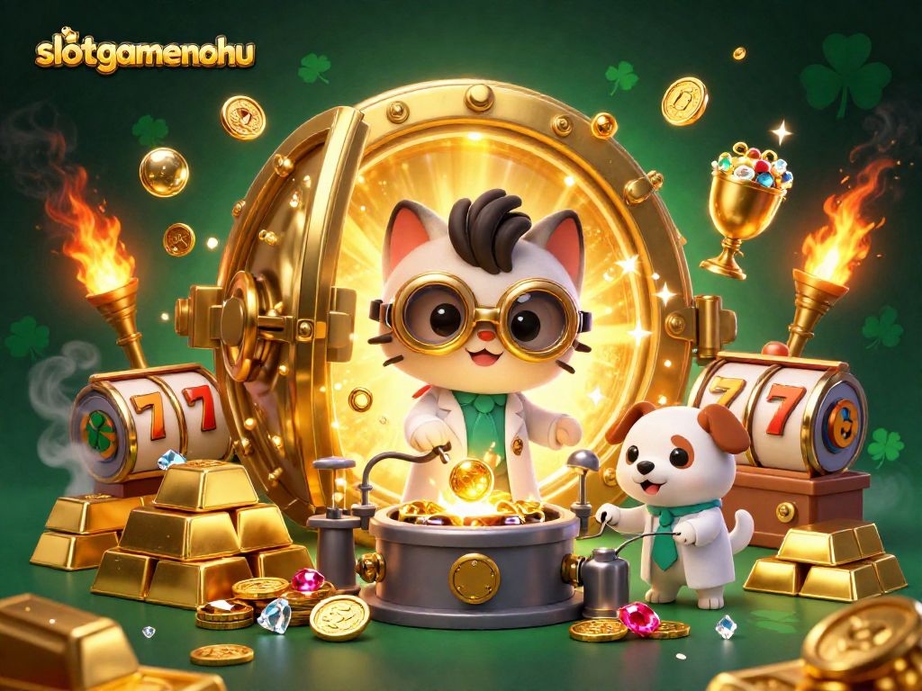 Experience big wins and excitement with slotgamenohu's dynamic casino scene featuring vibrant characters and treasures.