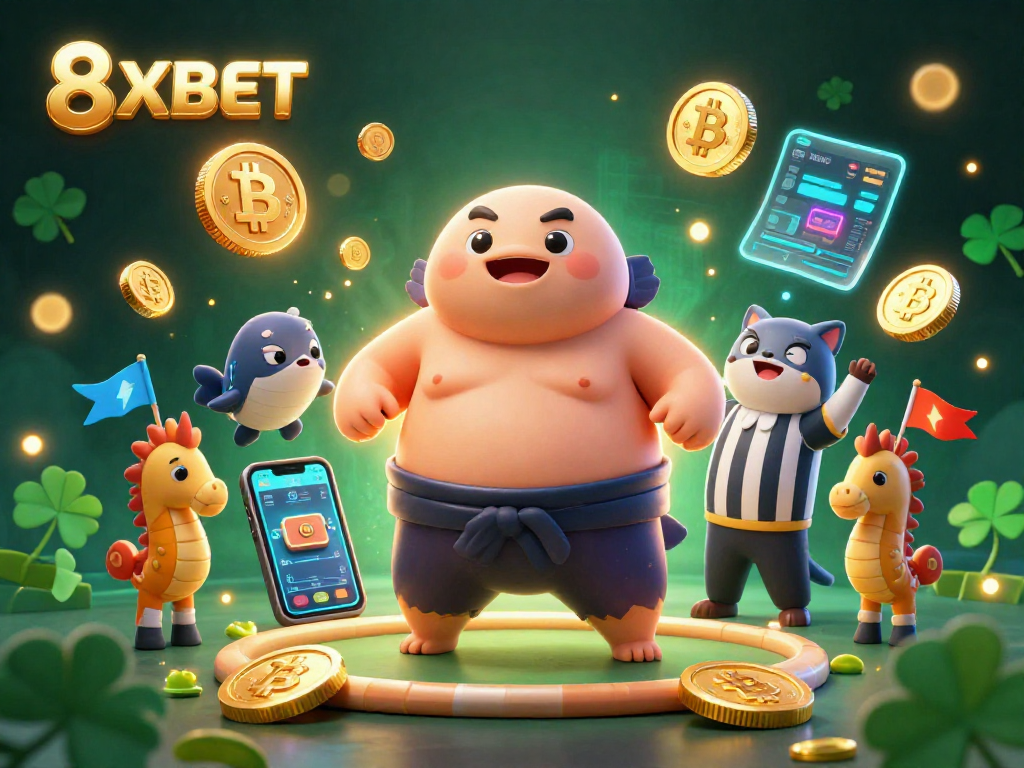 Engage with 8XBET's vibrant underwater game scene featuring a fugu sumo, catfish referee, and seahorse fans.