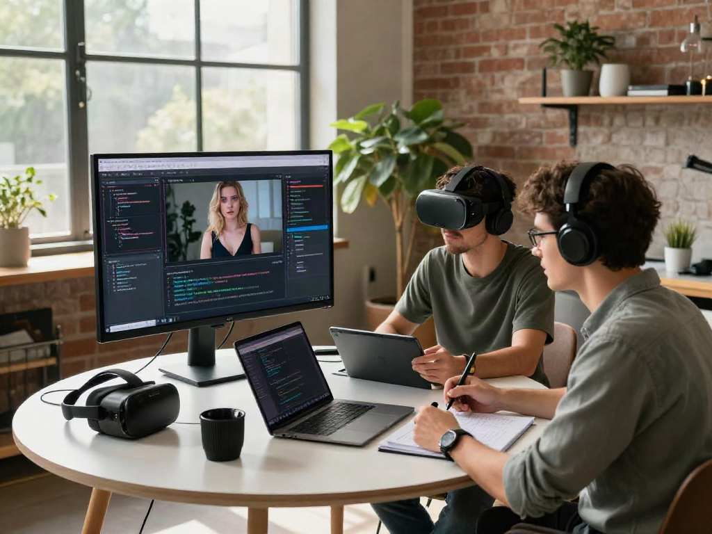 AI porn simulation program being developed by software engineers in a modern tech workspace.