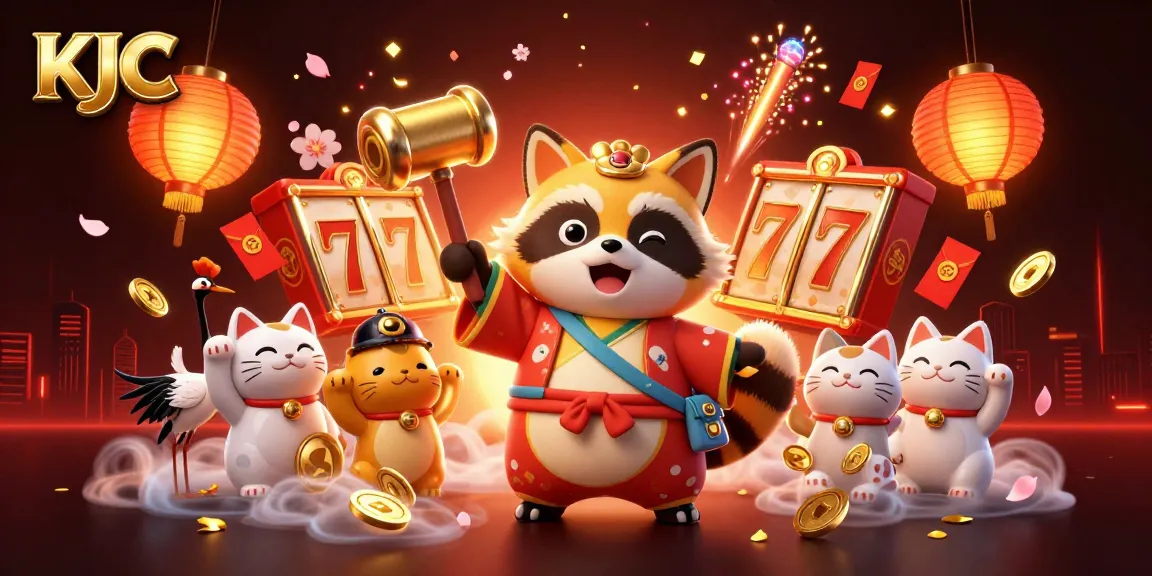 KJC features a cheerful tanuki and crane celebrating slots with colorful maneki-neko in a vibrant casino scene.