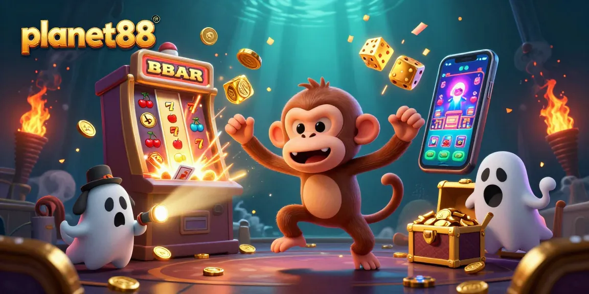 Exciting planet88 illustration showcasing a mischievous poltergeist monkey and ghost-hunter puppy in a dynamic casino scene.