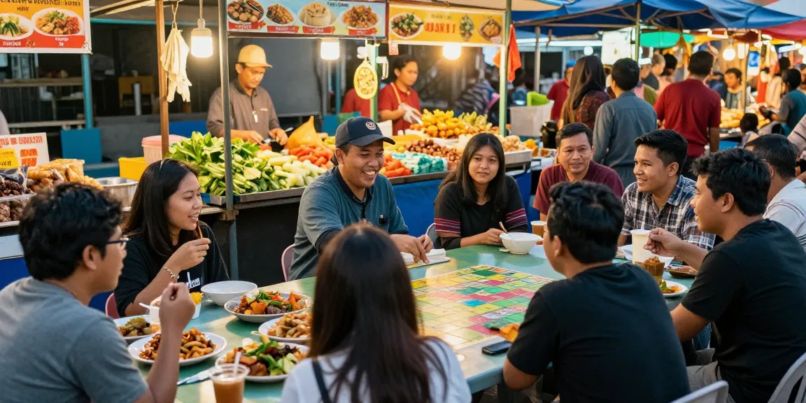 Pasar makanan jalanan yang ramai dengan permainan delapan toto, vendor penuh semangat, dan pelanggan yang menikmati hidangan lokal.