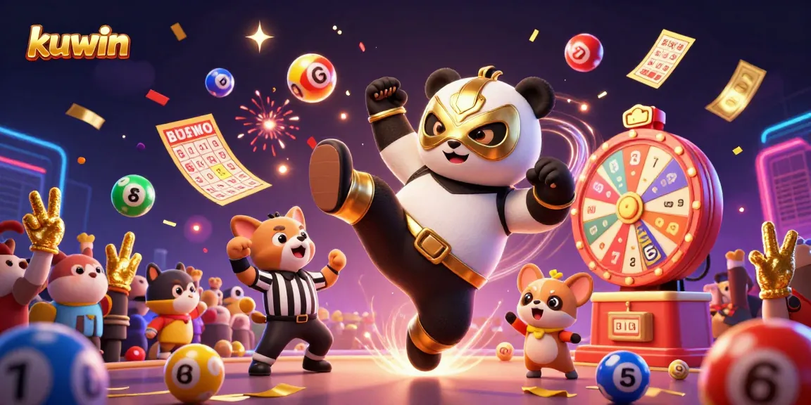 Kuwin's exciting gambling experience showcased with a panda wrestler, vibrant game elements, and a jubilant audience.