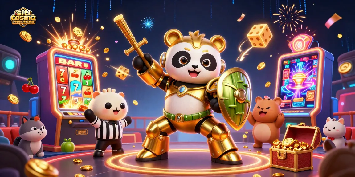 Immagine di siti casino non AAMS con panda dorato in un'arena coinvolgente e slot machine che esplode