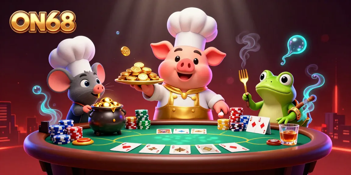 ON68 showcases a vibrant casino scene with a chef pig serving golden coins, lively casino elements, and excitement.