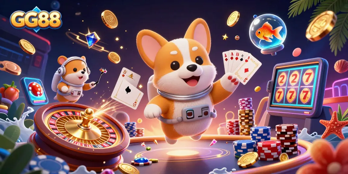 Experience thrilling gaming at GG88 with a 3D cartoon astronaut corgi and vibrant casino elements.