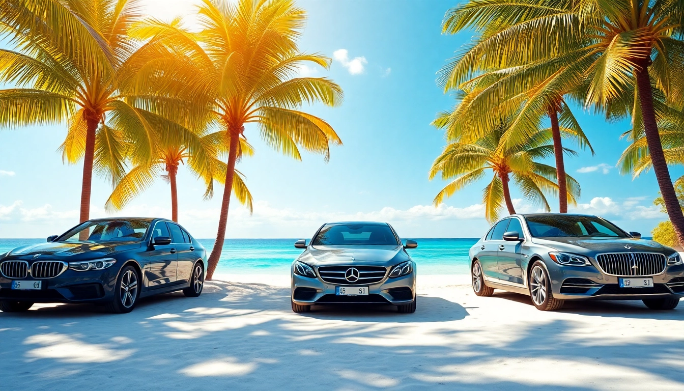 Best car rental saint barth scene featuring luxurious vehicles by a sandy beach.