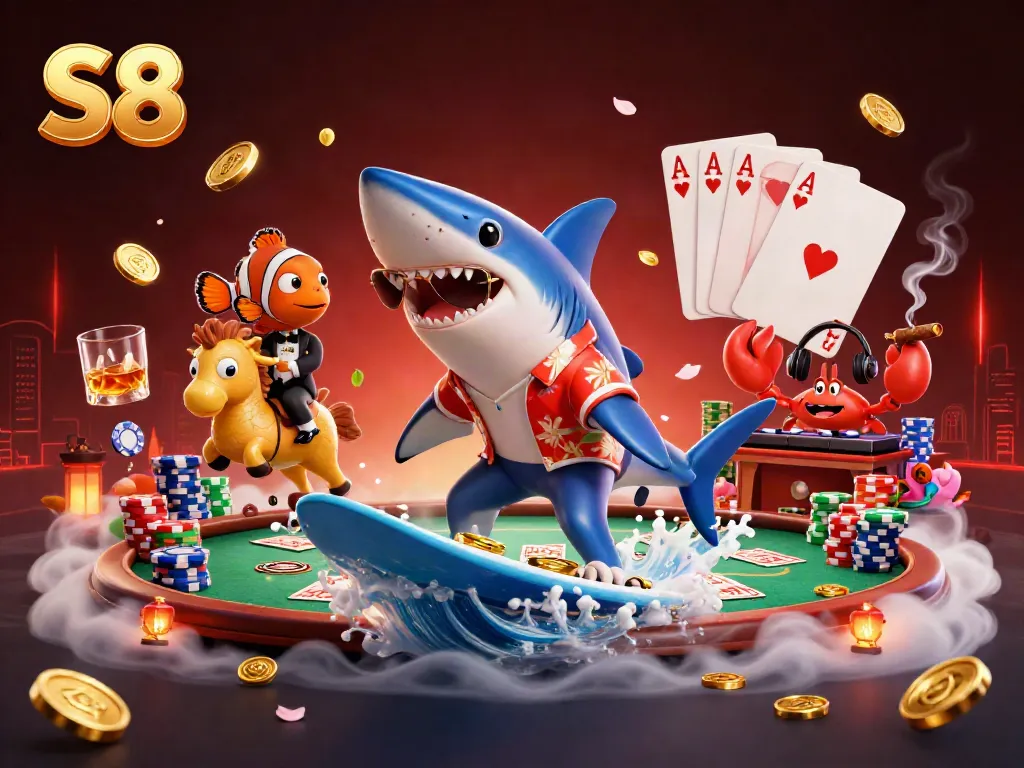 S8 platform showcases a shark surfing on gold coins with vibrant casino elements in a lively setting.