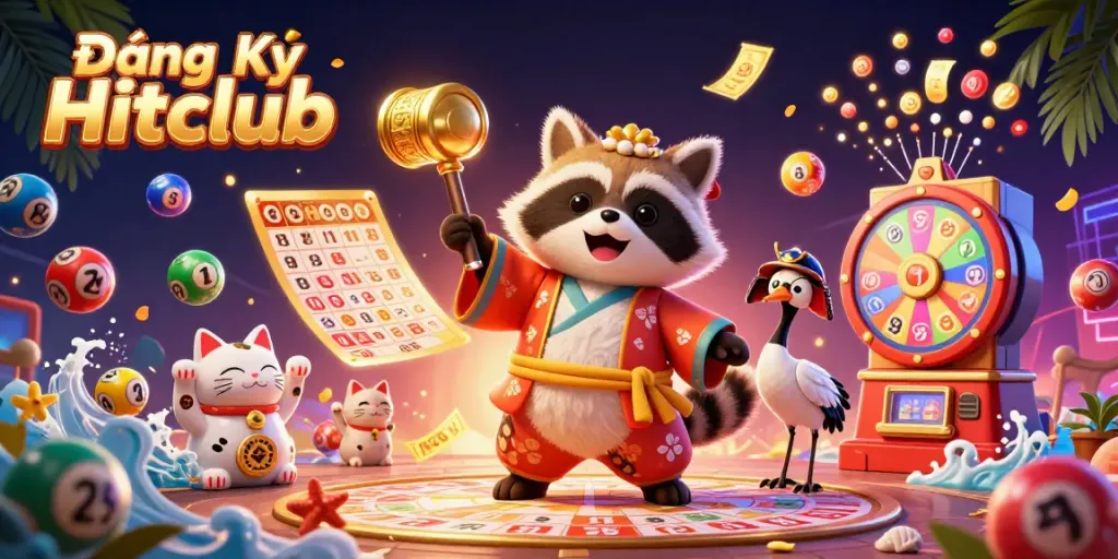 Win big today with Đăng Ký Hitclub, featuring dynamic illustrations of lucky symbols and casino fun.