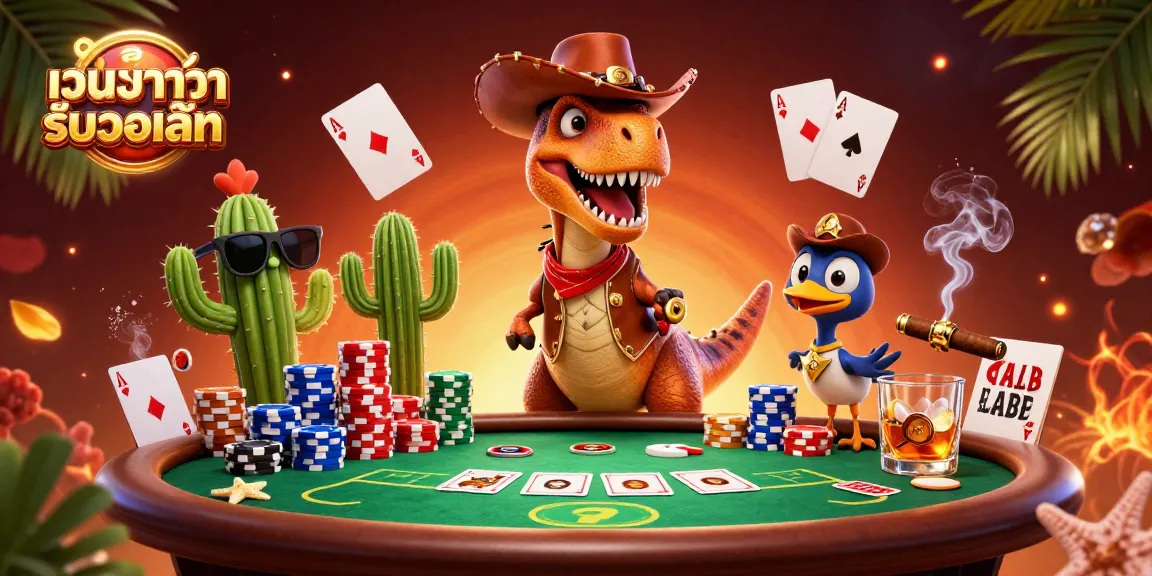 Engage in เว็บบาคาร่ารับวอเลท with a lively scene featuring a cowboy T-Rex and poker elements.