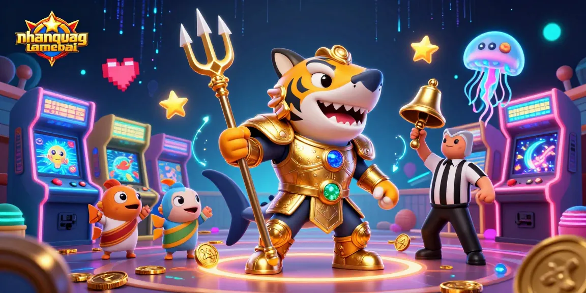 Engage with nhanquagamebai in a vibrant underwater casino scene highlighted by a fierce shark in armor.
