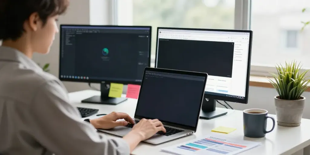 Marketer using AI tools for email marketing copy in a bright workspace.