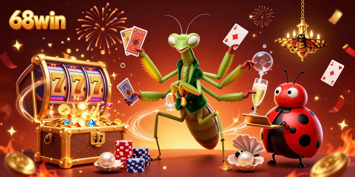 Experience the excitement of 68win with a dynamic casino scene featuring a card sharp, pit boss, and vibrant game elements.