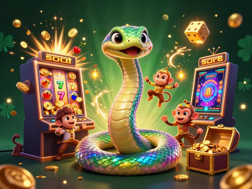 Menang besar melalui slot dengan ilustrasi kasino ceria dan karakter menarik.