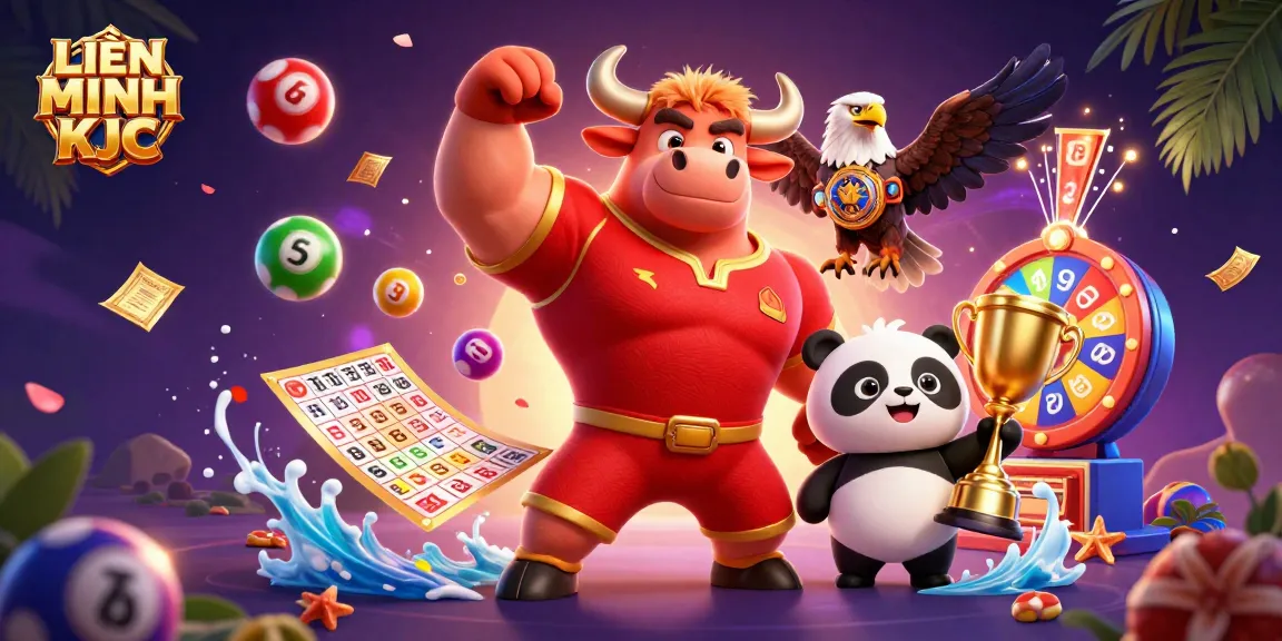 Experience the excitement at LIÊN MINH KJC with a vibrant casino illustration featuring a triumphant bull mascot.