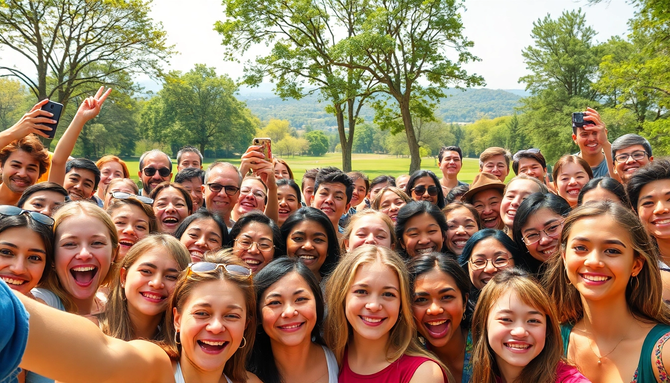 Engaging selfie mosaic creating vibrant emotions from diverse individuals in a beautiful outdoor setting.