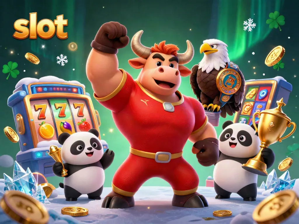 Permainan slot dengan karakter kartun 3D, banteng, dan panda menciptakan suasana menang yang dinamis.