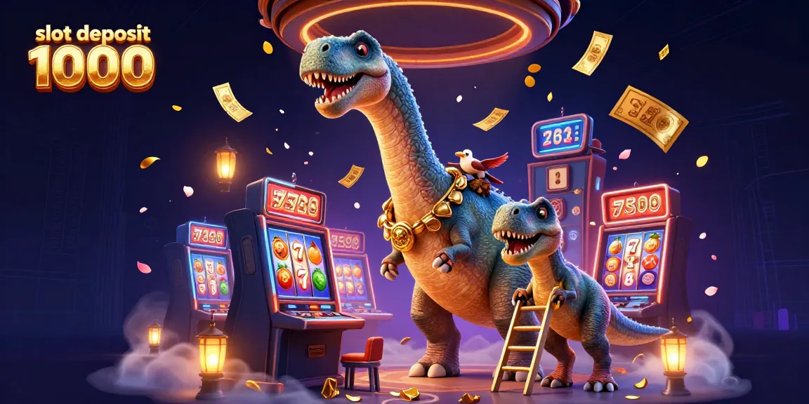 Engage with slot deposit 1000 showcasing a 3D brontosaurus in a vibrant casino scene.