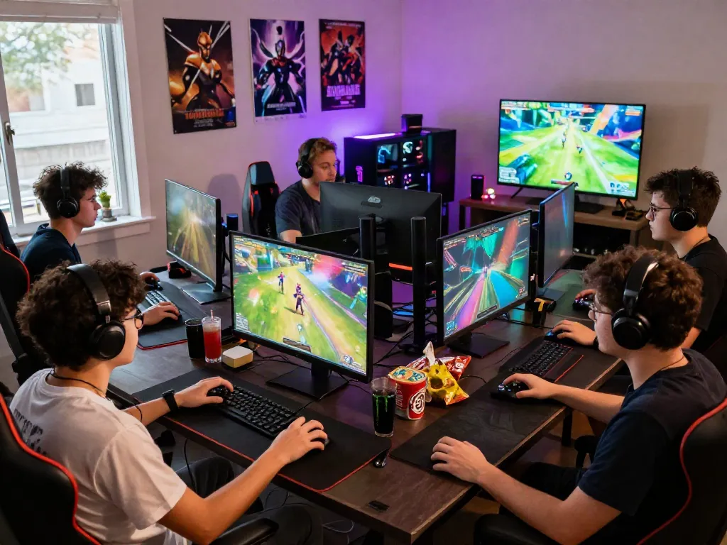 Kelompok pemain dalam sesi permainan diana4d dengan peralatan gaming modern, suasana akrab dan penuh semangat.