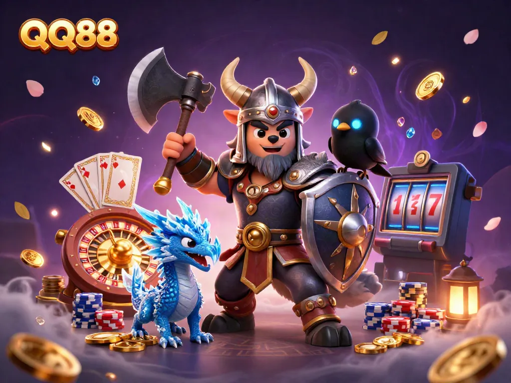 Experience the thrill of QQ88 with a dynamic Viking warrior, dragon, and treasures in a vibrant casino scene.