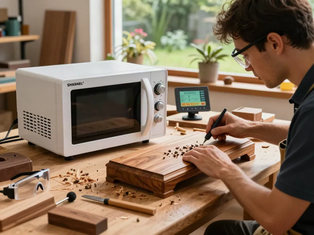 SHASHEL® microwave device in a workshop eliminating wood-boring insects from vintage furniture.