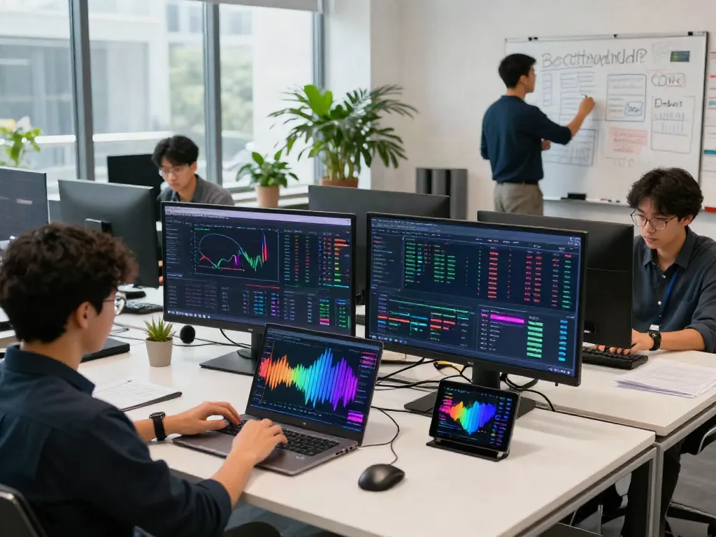 market data API for quantitative trading analysis in a modern cryptocurrency workspace with trading charts and collaborative team.