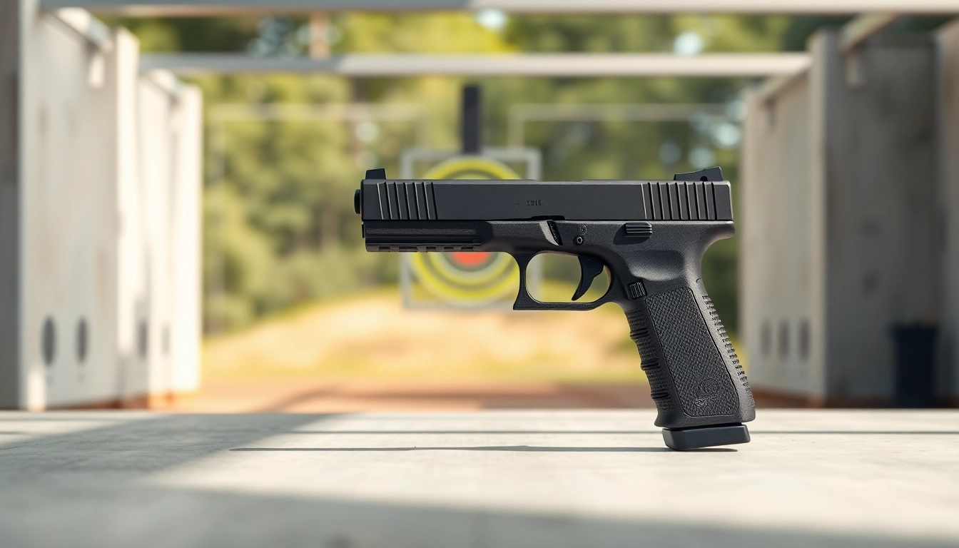 Capture the elegant glock 43x mos on a shooting range, highlighting its details and modern design.
