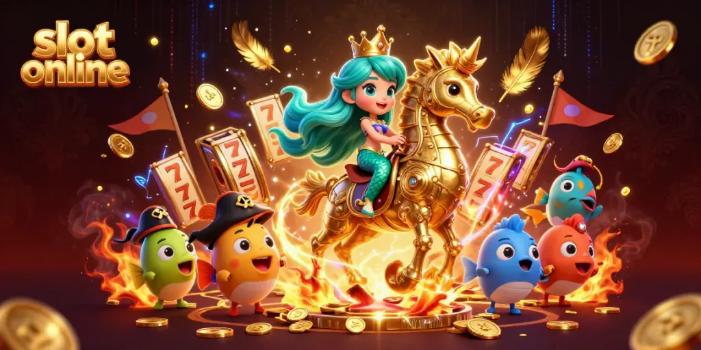 Experience slot online excitement with mermaid princess and golden seahorse in a vibrant casino scene.