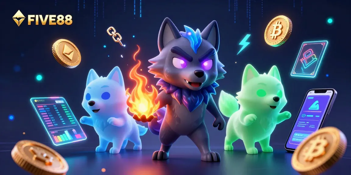 Unleash your luck with FIVE88 in a vibrant 3D casino scene filled with crypto elements.
