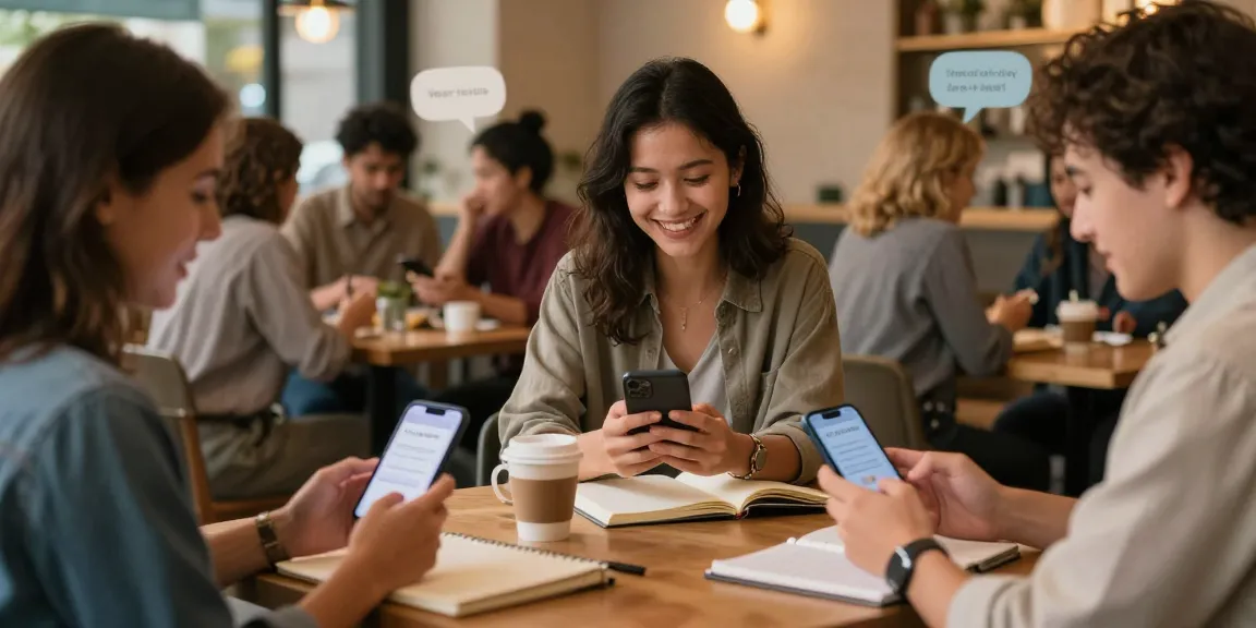 Authentic dating experience with singles engaging via dating app in a warm café atmosphere.