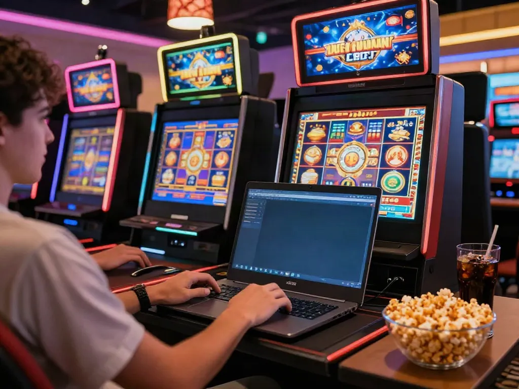 Engaged player enjoying สล็อตเว็บตรง in a vibrant online casino setup with gaming laptop and colorful decor.