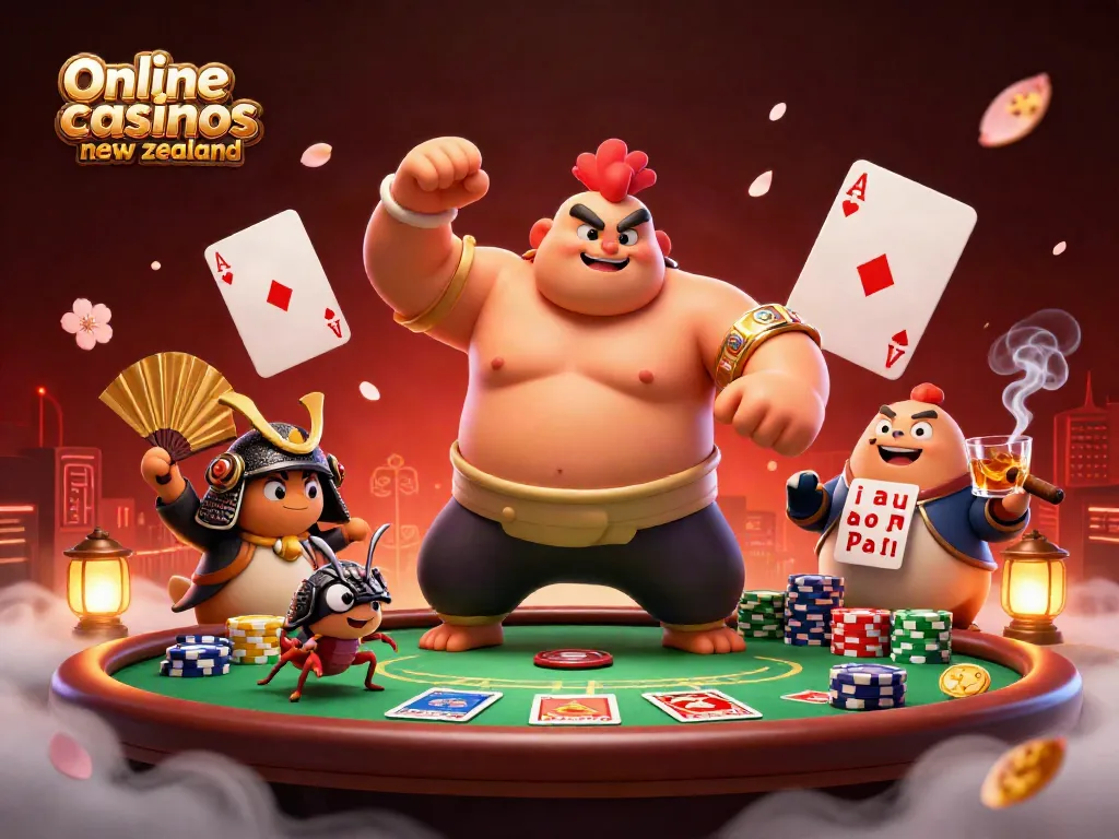 Engage with thrilling action in online casinos New Zealand featuring sumo wrestler and poker chips.