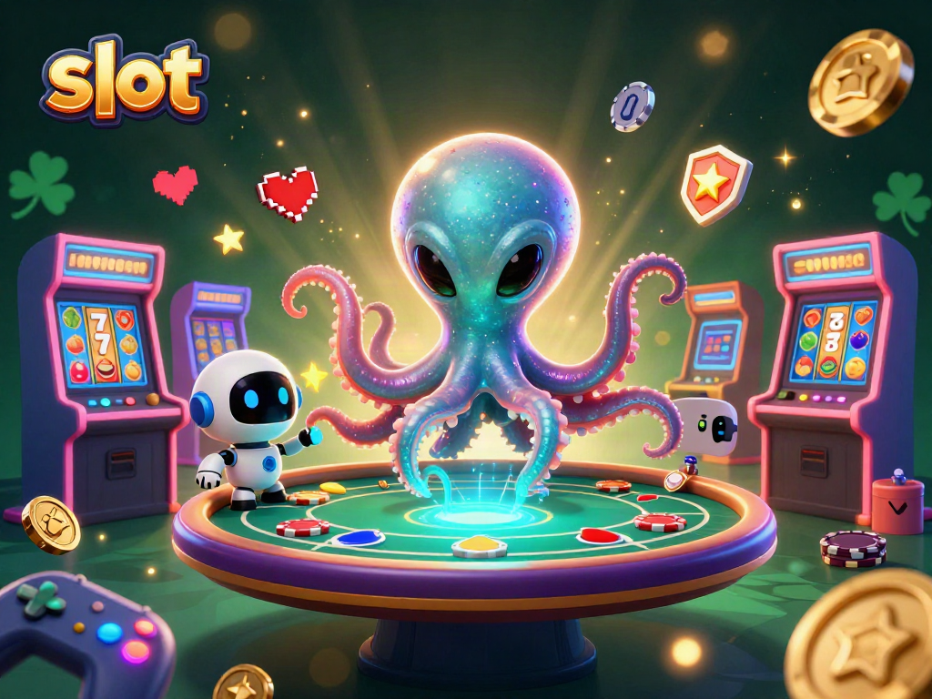 Play exciting slot games with a vibrant alien octopus and colorful game elements.