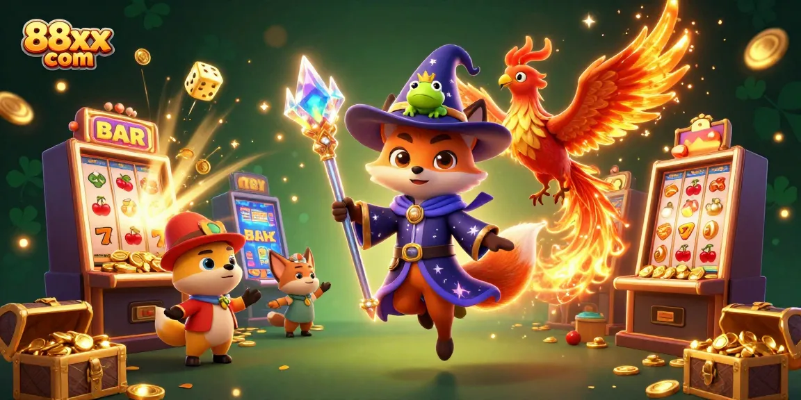 Engage with exciting games at 88xx com, featuring a mystical wizard, phoenix, and thrilling casino elements.