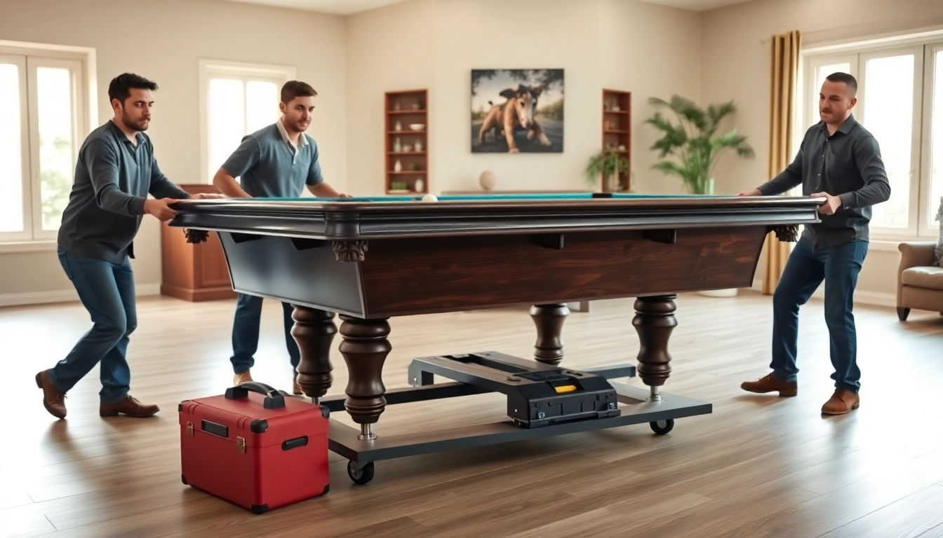Game table movers services expertly relocating a pool table in a bright home.