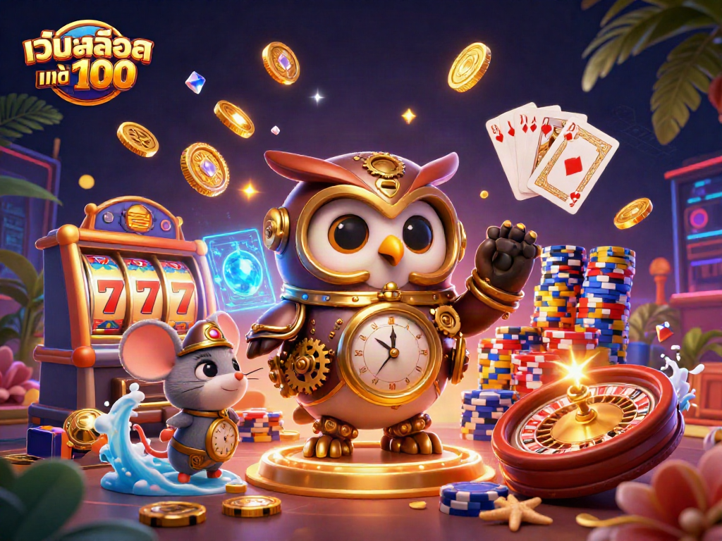 Experience the thrill of เว็บสล็อต แท้ 100 เปอร์เซ็นต์ in a vibrant 3D casino illustration.