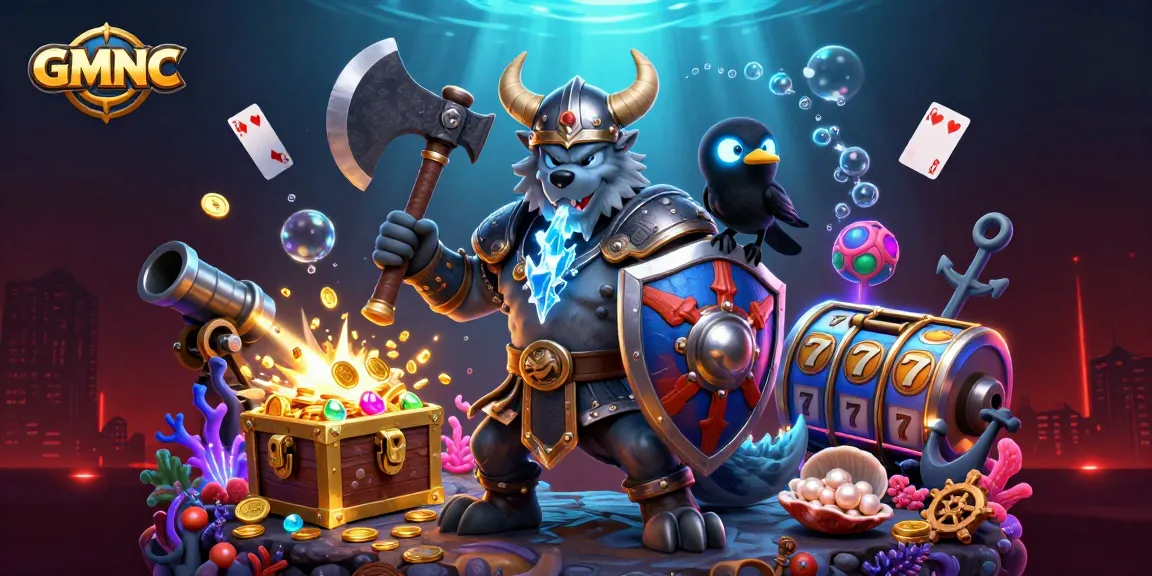 Engage with GMNC in this vibrant casino illustration featuring a Viking warrior, dragon, and gems.