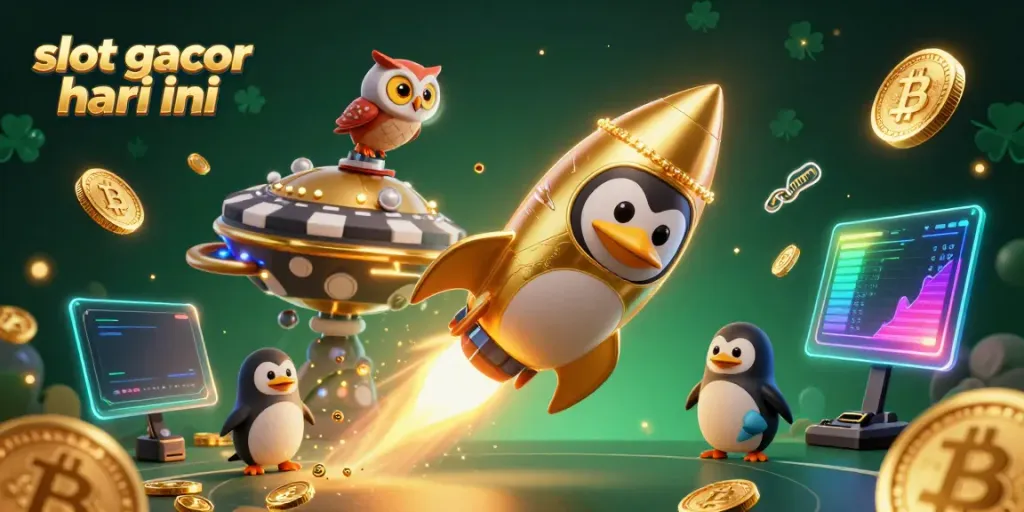 Menggambarkan slot gacor hari ini, penguin emas bertenaga roket di luar angkasa menuju kasino dalam ilustrasi 3D yang memukau.