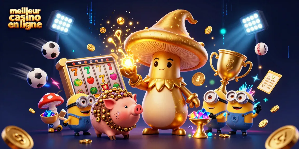 Illustration dynamique de "meilleur casino en ligne" avec un sorcier et des éléments de machines à sous