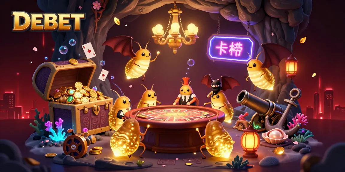 Experience the glow of DEBET in a vibrant cave casino with glowworms, a bat dealer, and casino elements.